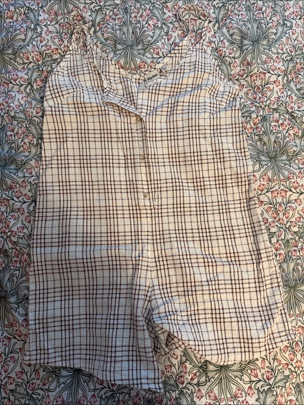 Rhythm. Cream and Brown Plaid Lightweight Linen Romper